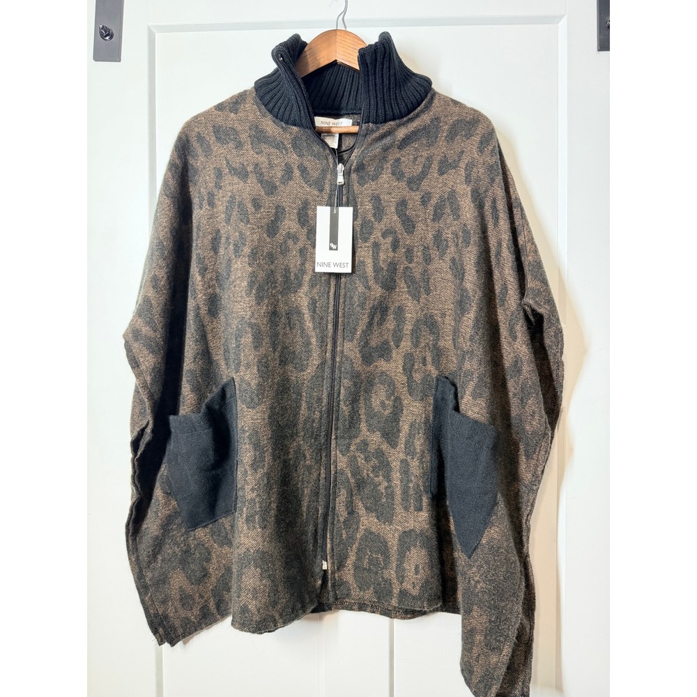 Nine West Leopard Print Poncho Women OS Natural NEW Full Zip Ribbed Turtleneck